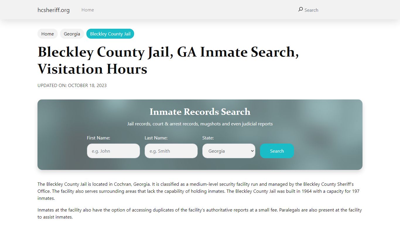 Bleckley County Jail, GA Inmate Search, Visitation Hours